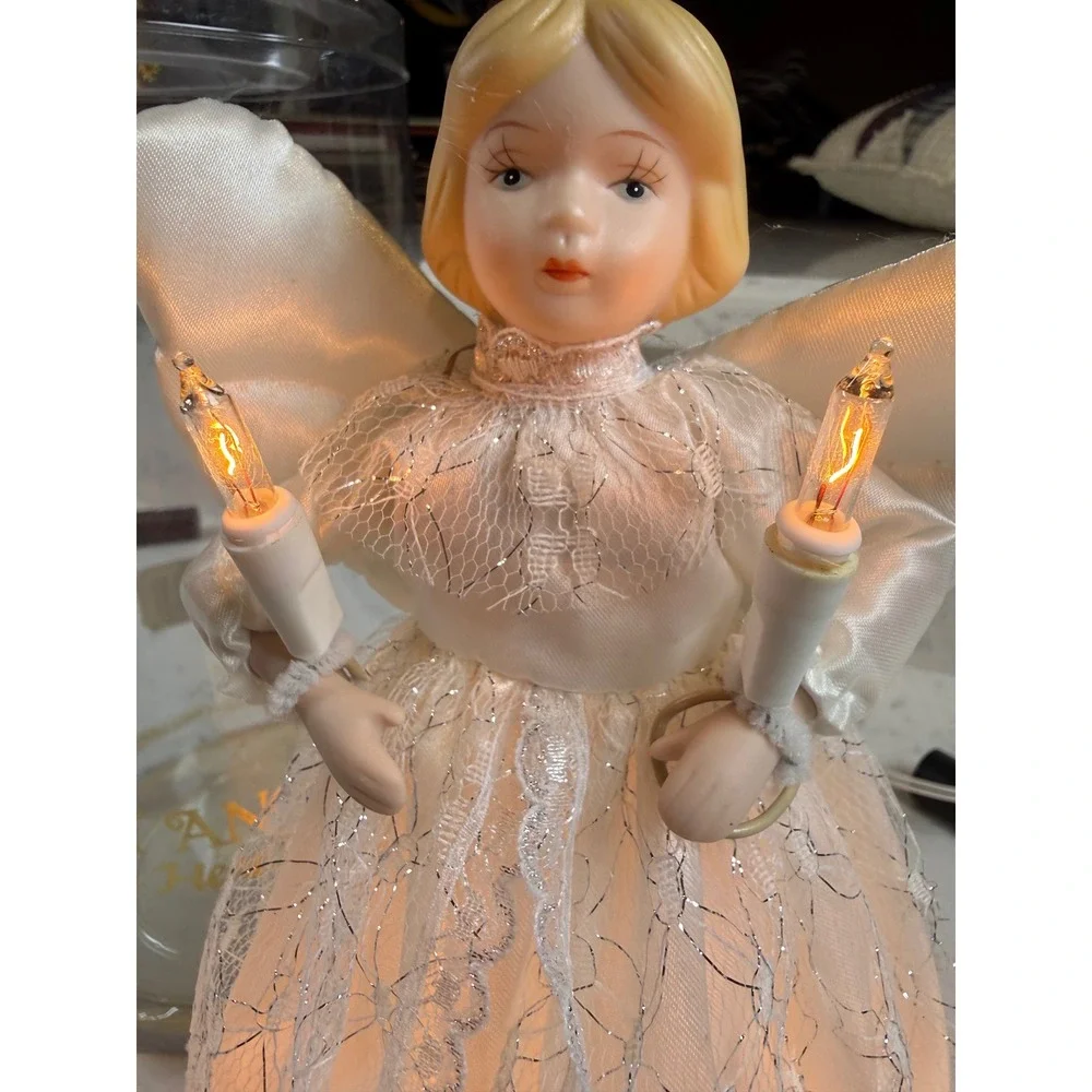 Vintage Minami Lighted Angel Tree Topper Porcelain Head White Silver Lace 9 inch